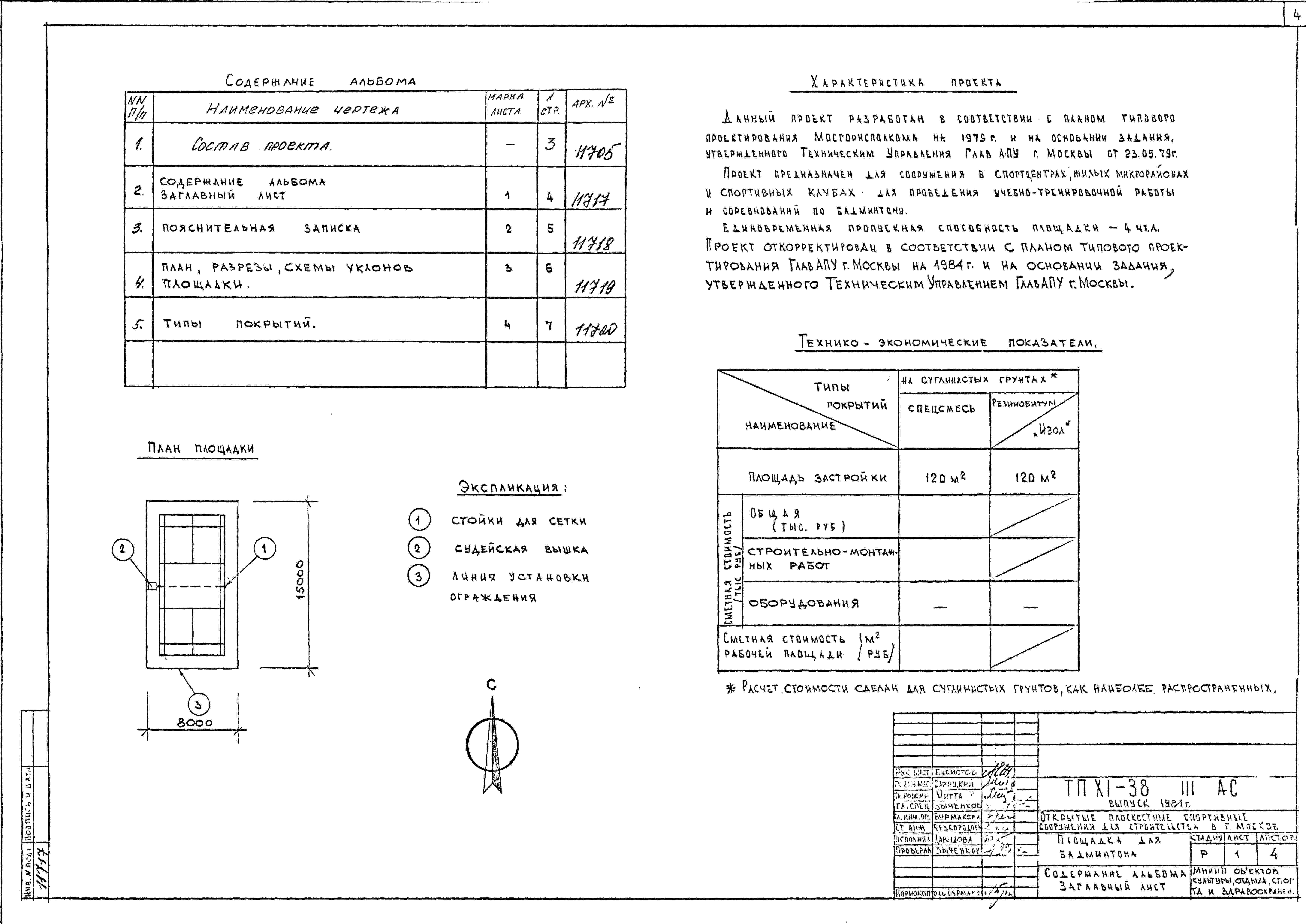 Состав альбома Типовой проект XI-38Альбом 3 Часть 1 Площадка для бадминтона Архитектурно-строительные чертежи