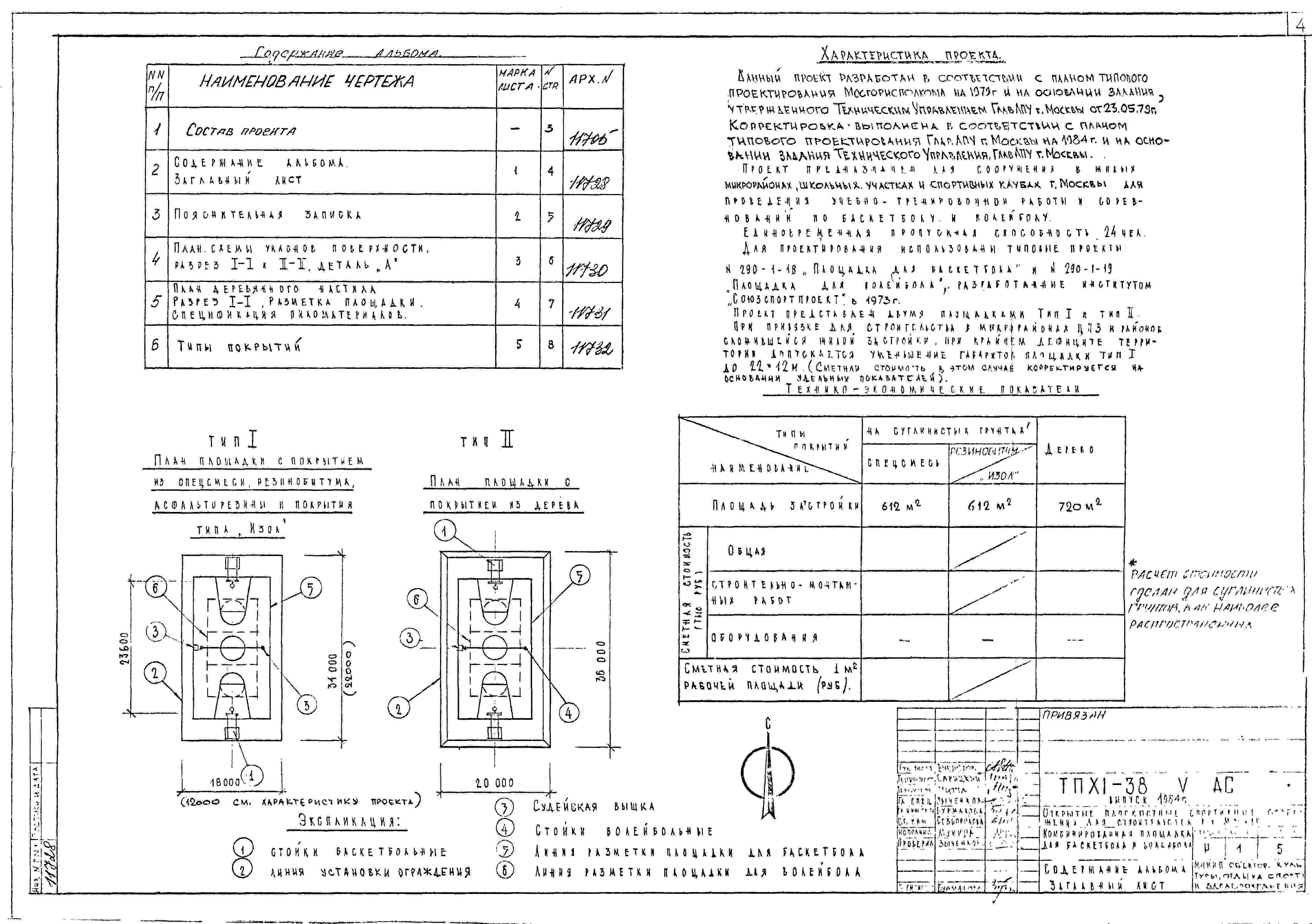 Состав альбома Типовой проект XI-38Альбом 5 Часть 1 Комбинированная площадка для баскетбола и волейбола Архитектурно-строительные чертежи