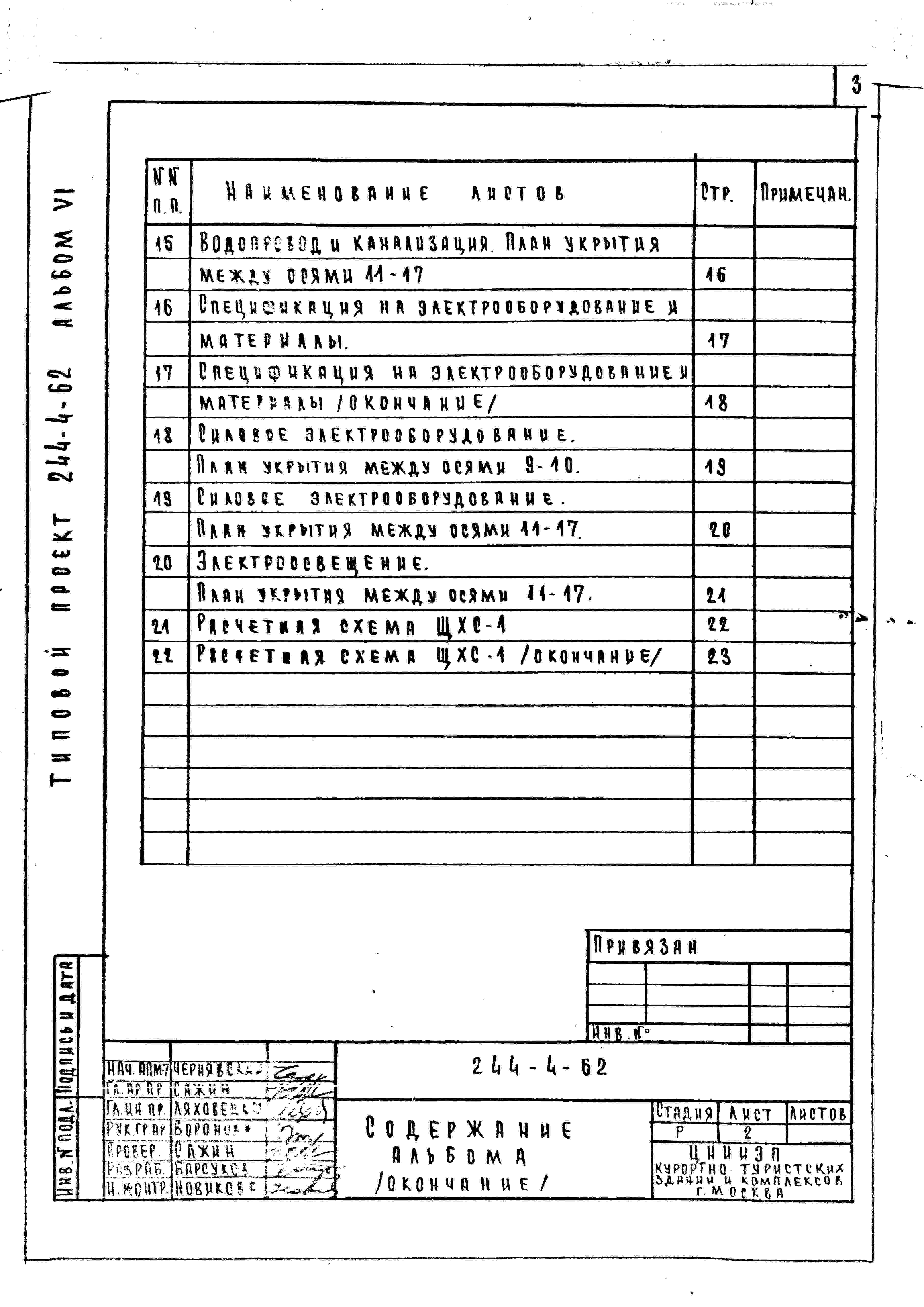 Состав альбома Типовой проект 244-4-62Альбом 6 Проектная документация на перевод помещений подвала для использования под ПРУ (группа П-3)