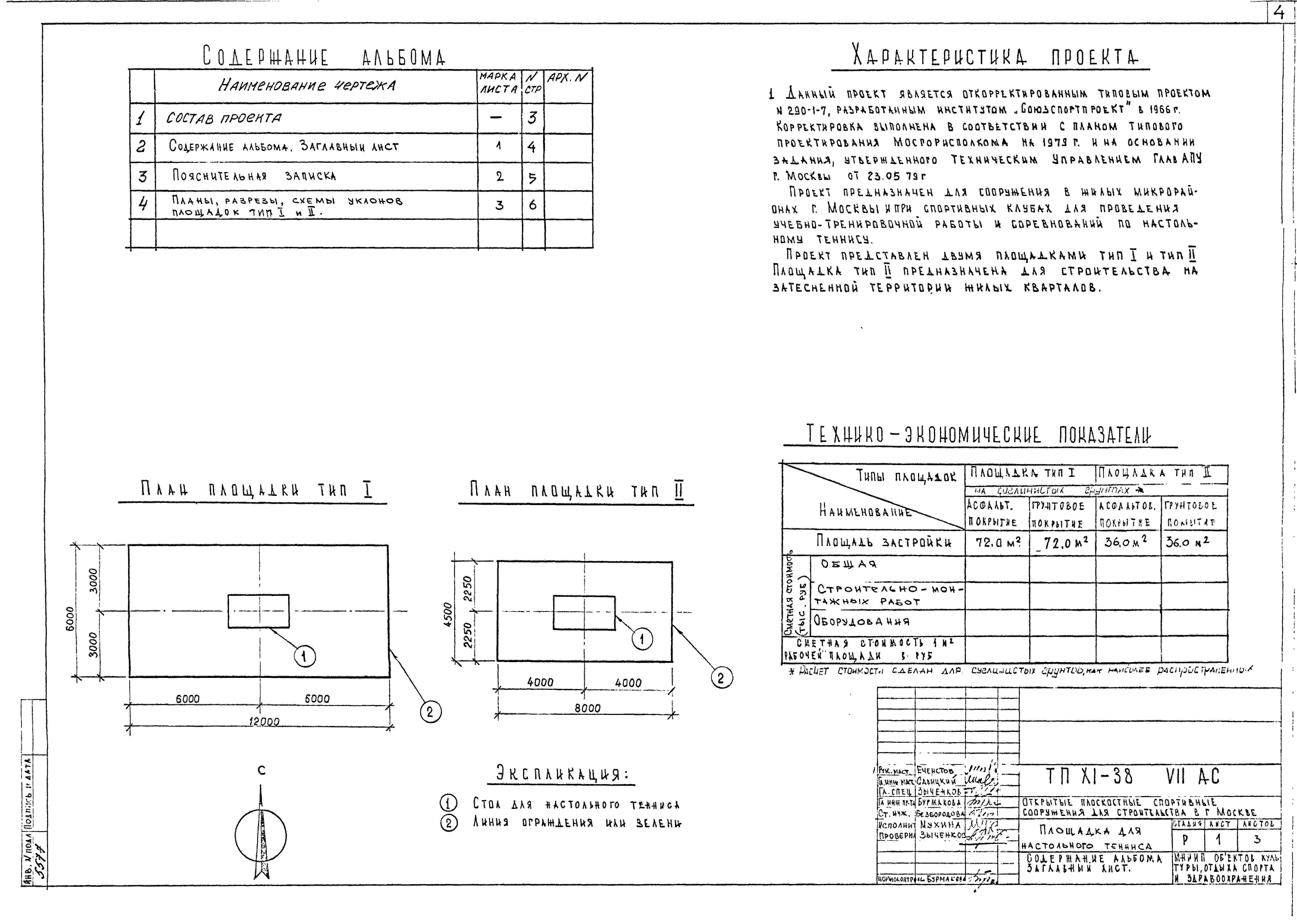Состав альбома Типовой проект XI-38Альбом 7 Часть 1 Площадка для настольного тенниса Архитектурно-строительные чертежи